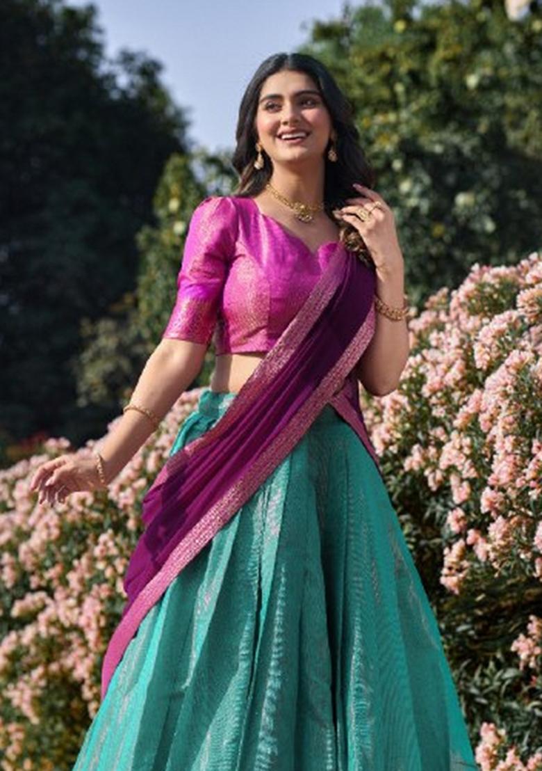 Blue Zari Work Kanchipuram Lehenga Set - Indya