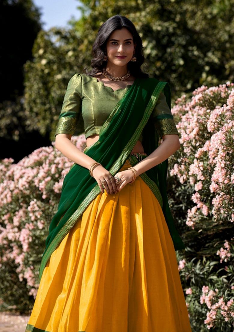 Yellow Zari Work Kanchipuram Lehenga Set - Indya