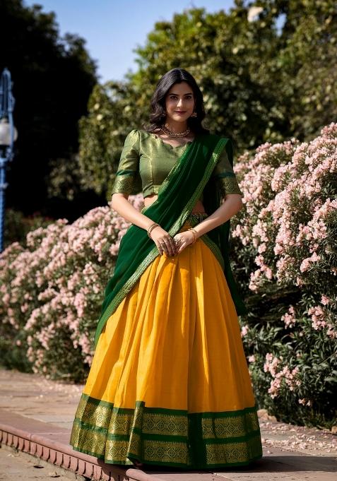 Yellow Zari Work Kanchipuram Lehenga Set