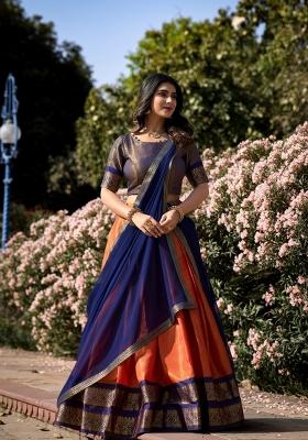 Orange Zari Work Kanchipuram Lehenga Set