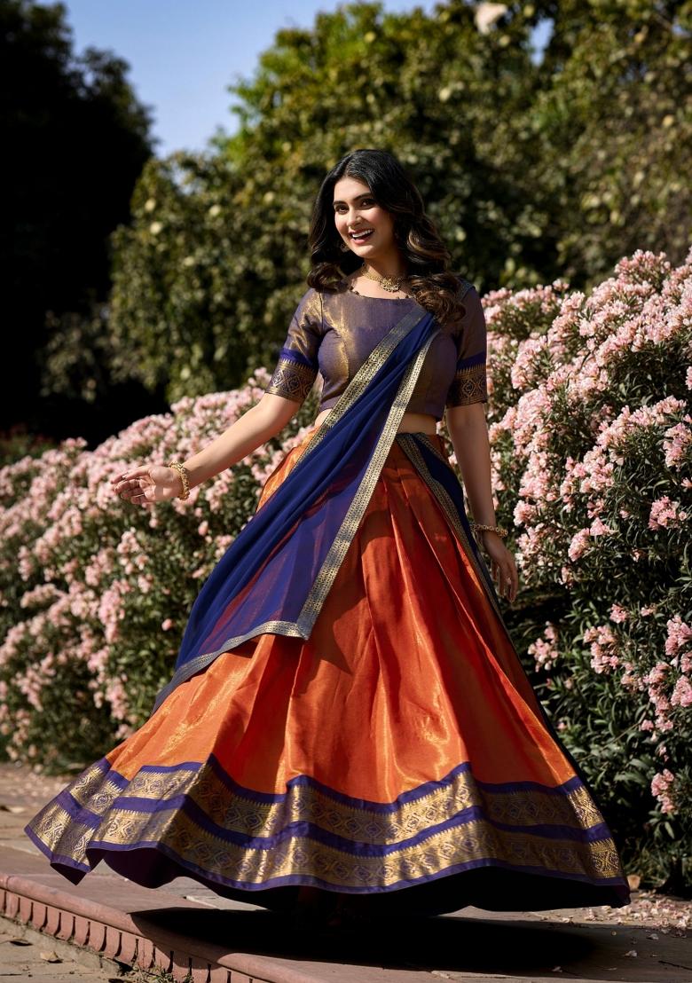 Orange Zari Work Kanchipuram Lehenga Set - Indya