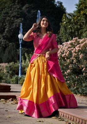 Mustard Zari Work Kanchipuram Lehenga Set