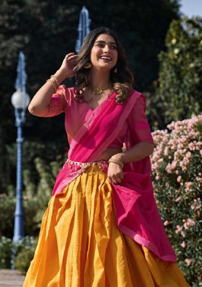 Mustard Zari Work Kanchipuram Lehenga Set - Indya