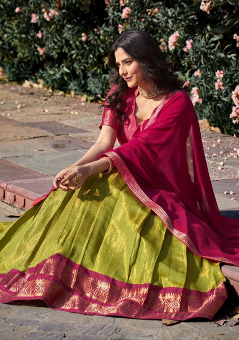 Pista Zari Work Kanchipuram Lehenga Set - Indya