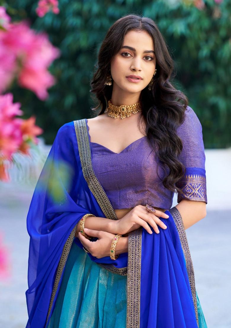 Blue Zari Work Kanchipuram Lehenga Set - Indya