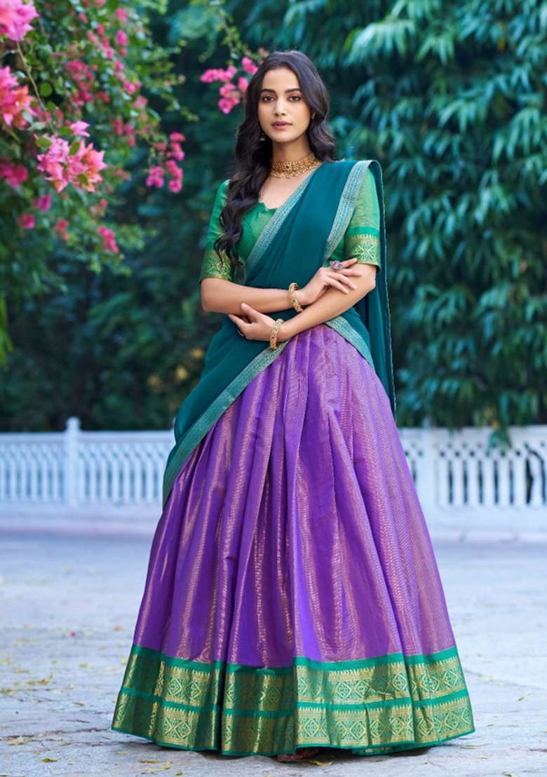Lavender Kanchipuram Lehenga Set with Zari Work for Diwali | Wedding & Festive Wear - Indya