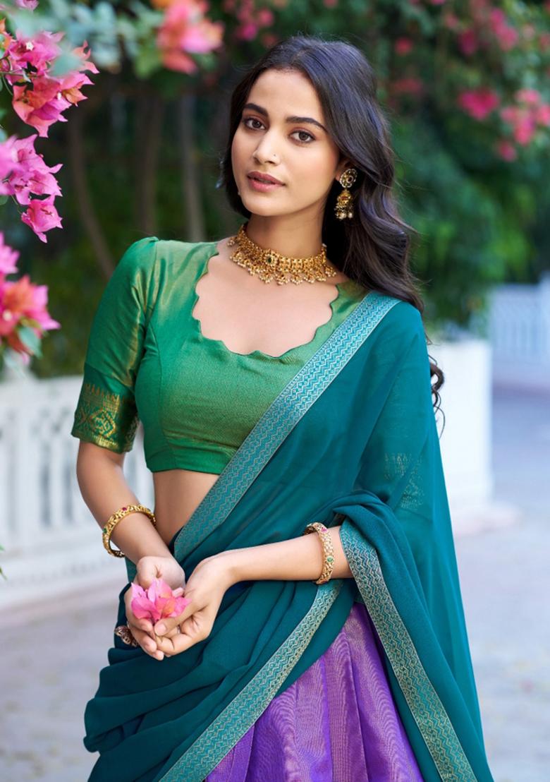 Lavender Zari Work Kanchipuram Lehenga Set - Indya