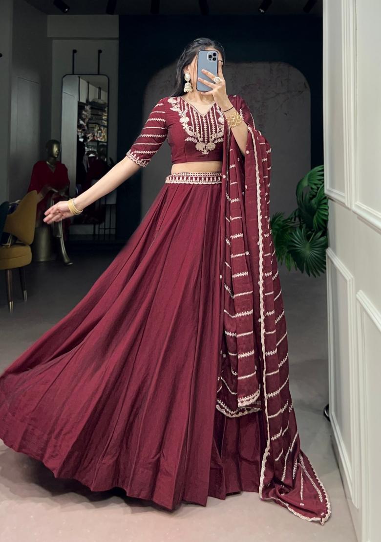 Maroon Embroidered Rangoli Lehenga Set - Indya