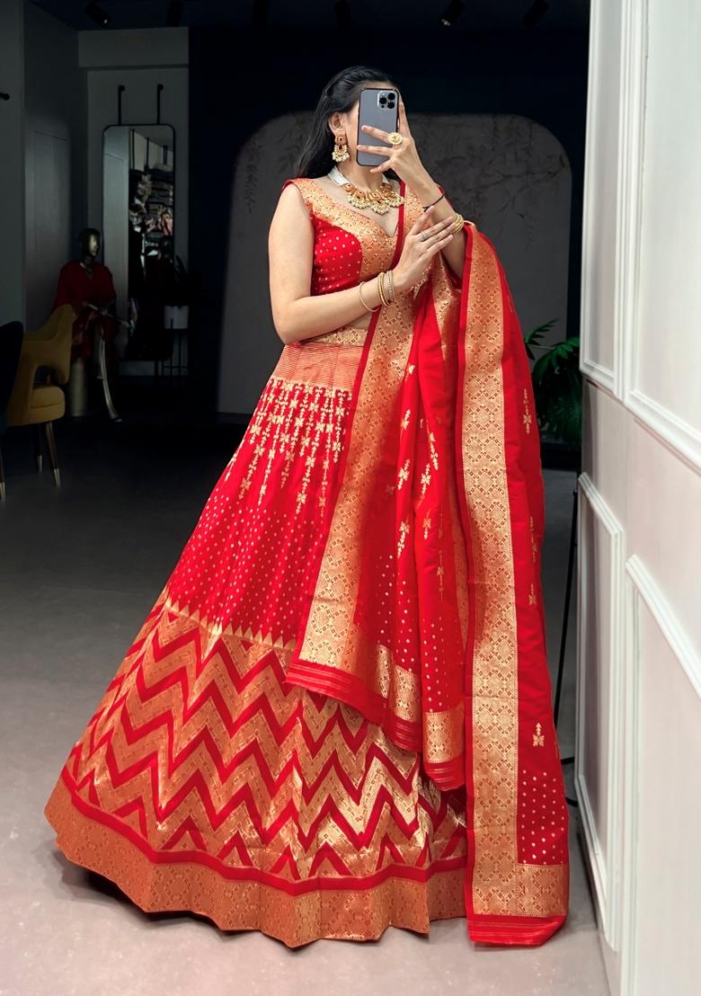 Red Zari Work Silk Lehenga Set - Indya