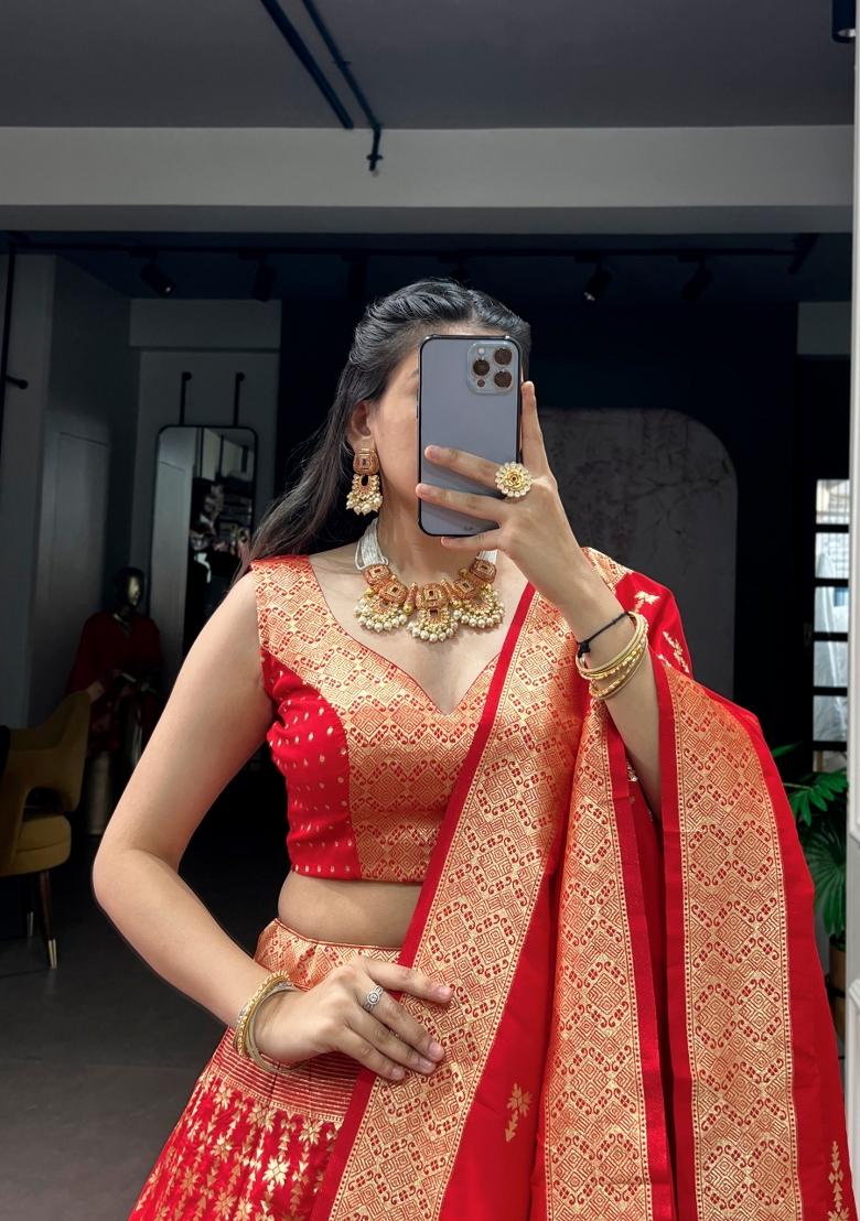 Red Zari Work Silk Lehenga Set - Indya