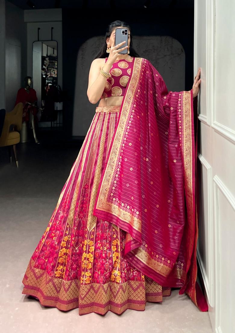 Pink Zari Work Silk Lehenga Set - Indya