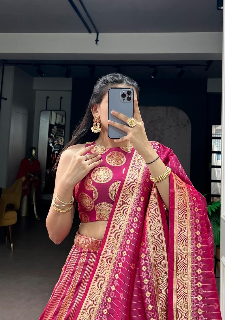 Pink Zari Work Silk Lehenga Set - Indya