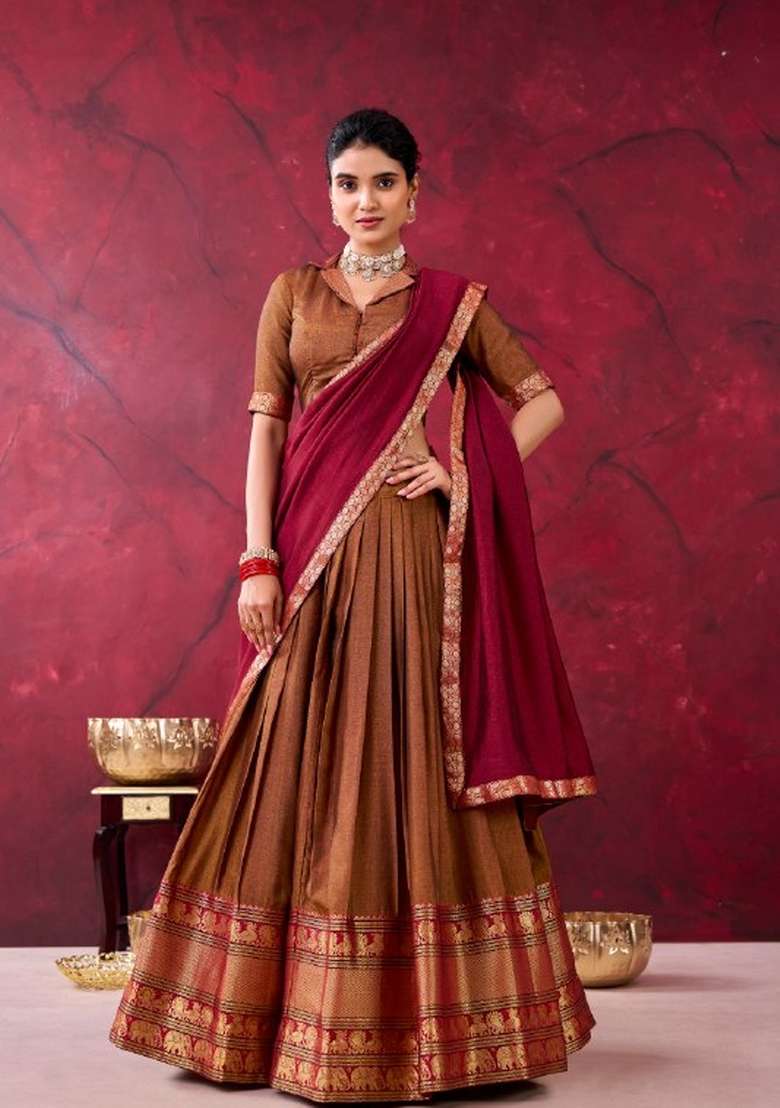Mustard Zari Work Cotton Lehenga Set for Diwali and Festive Wear - Indya