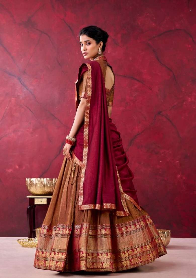 Mustard Zari Work Cotton Lehenga Set for Diwali and Festive Wear - Indya