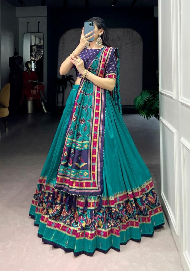 Blue Printed Silk Lehenga Set - Indya