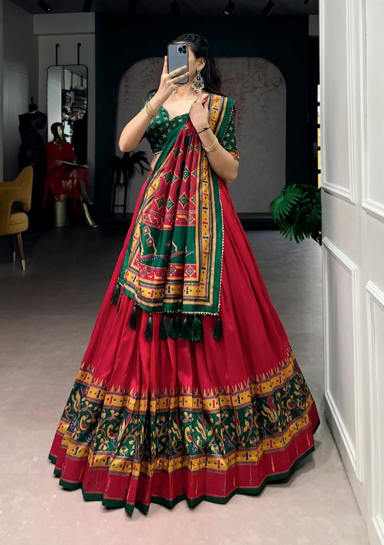 Red Printed Silk Lehenga Set - Indya