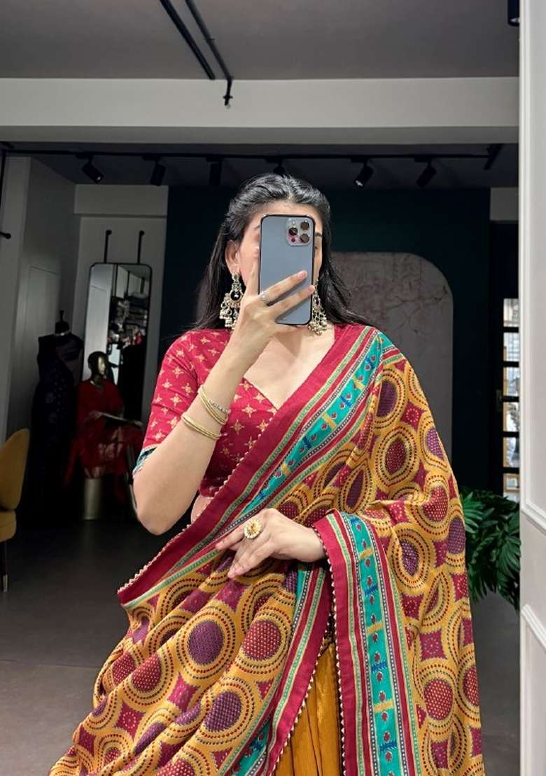 Red Printed Silk Lehenga Set for Diwali and Festive Wear - Indya
