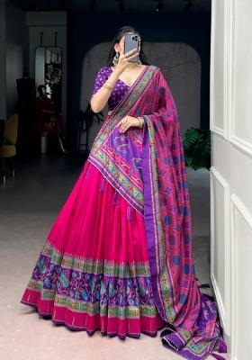 Pink Printed Silk Lehenga Set