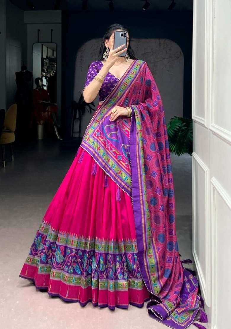 Pink Silk Lehenga Set with Printed for Diwali | Wedding & Festive Wear - Indya