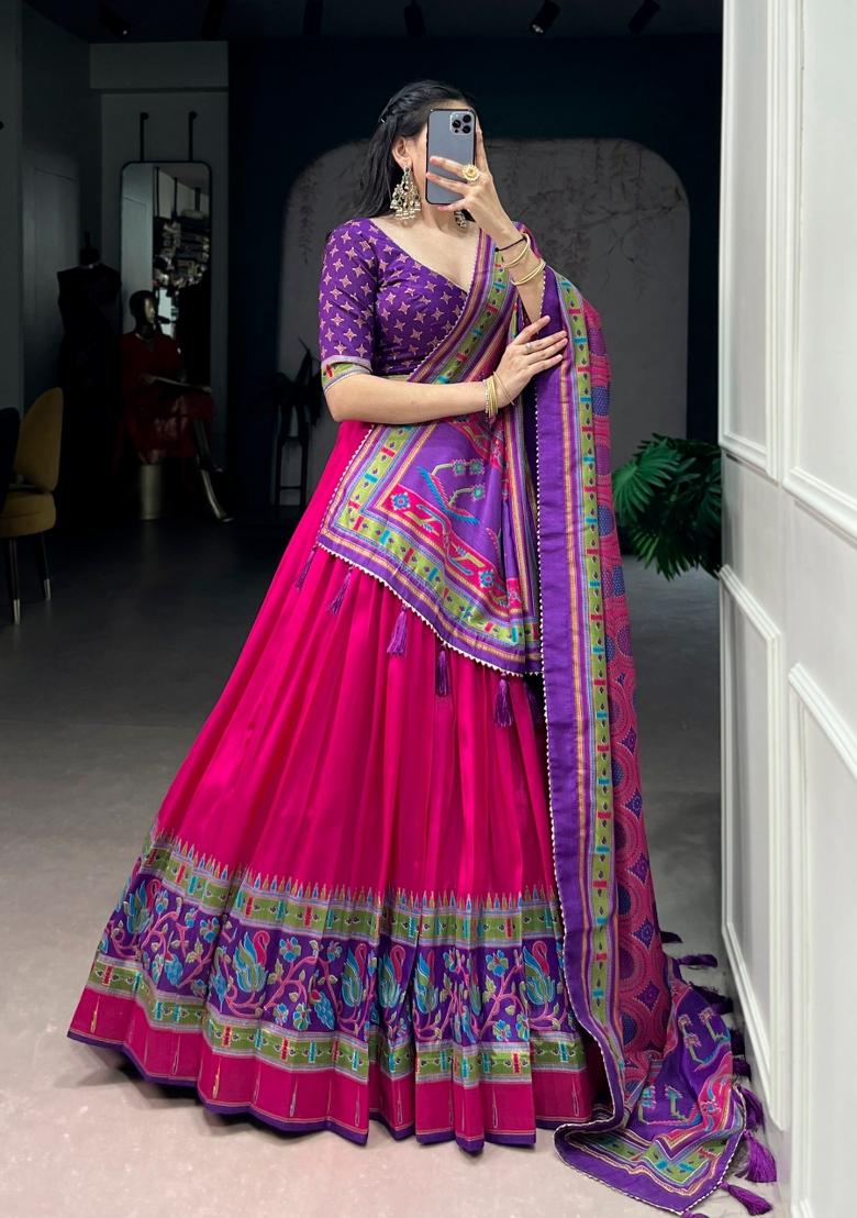 Pink Printed Silk Lehenga Set - Indya