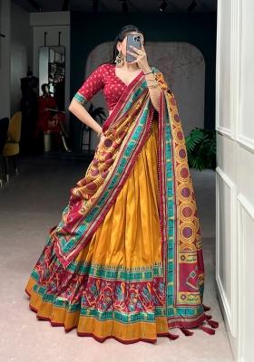 Mustard Printed Silk Lehenga Set