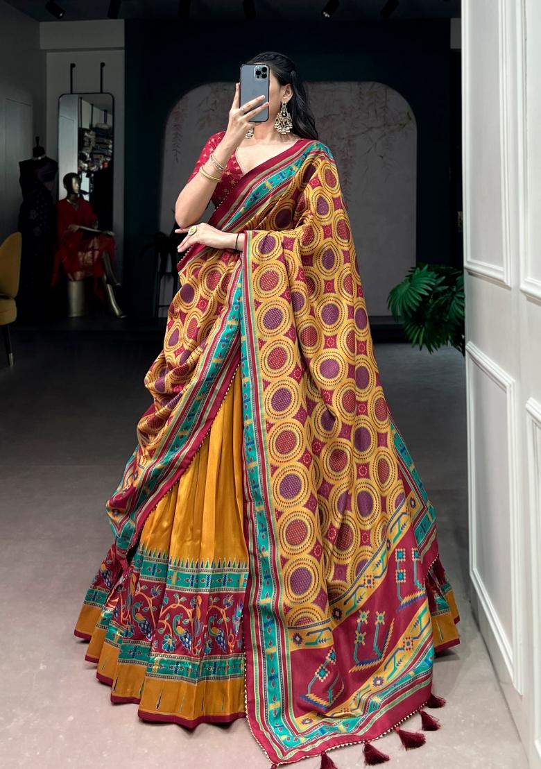 Mustard Printed Silk Lehenga Set - Indya