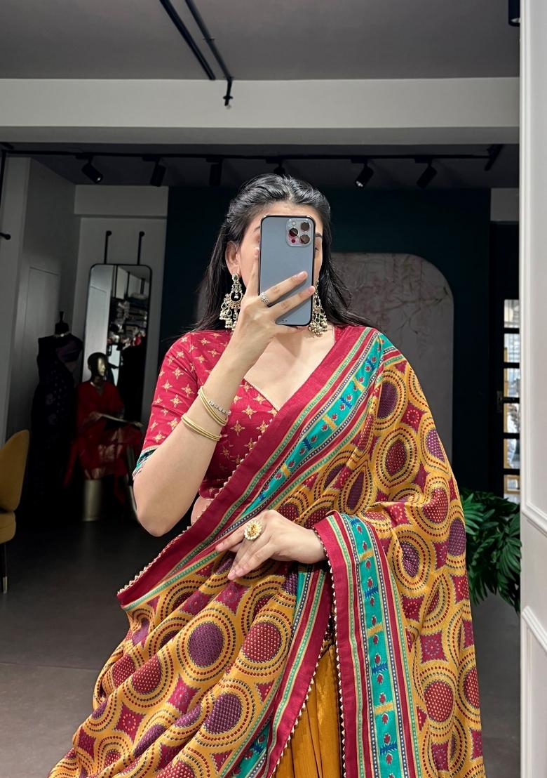 Mustard Printed Silk Lehenga Set - Indya