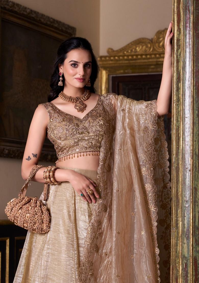 Chiku Plain Gold Crush Lehenga Set - Indya