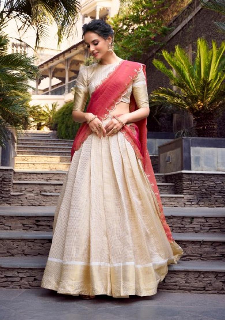 Off White Zari Work Jacquard Lehenga Set - Indya