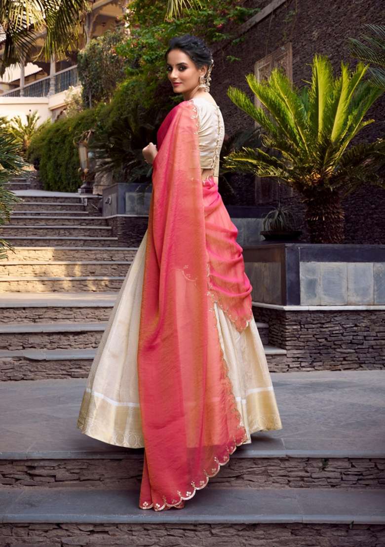 Off White Zari Work Jacquard Lehenga Set for Diwali and Festive Wear - Indya