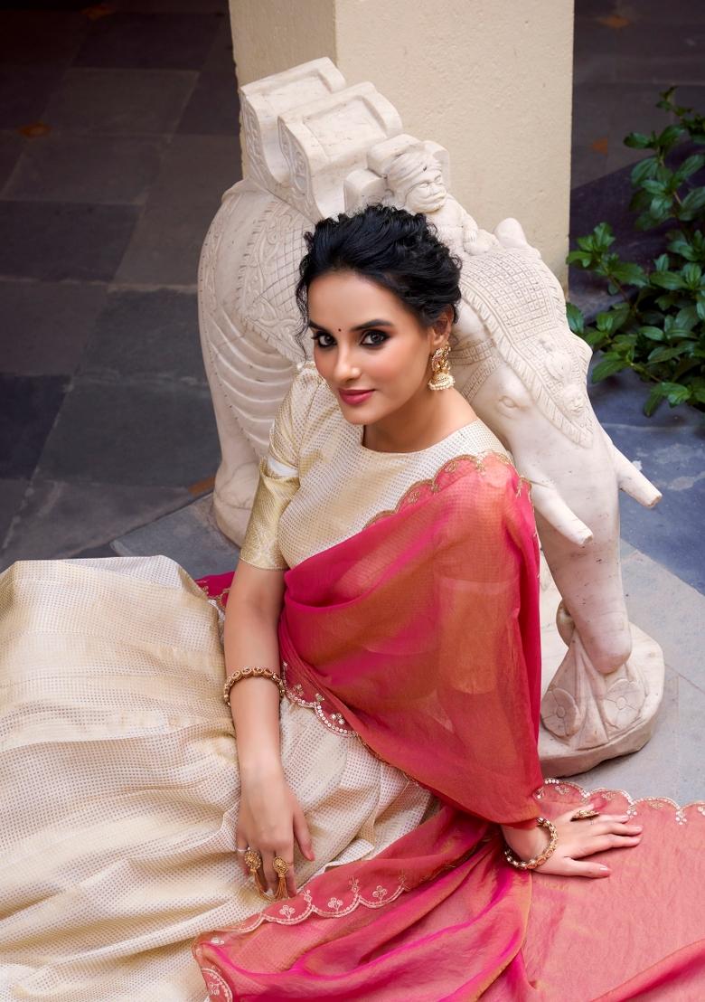 Off White Zari Work Jacquard Lehenga Set - Indya