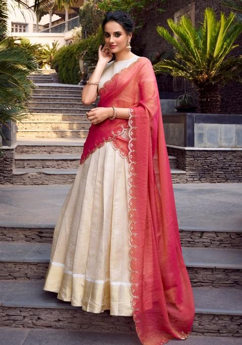 Off White Zari Work Jacquard Lehenga Set