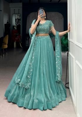 Blue Beads Work Gold Coin Lehenga Set