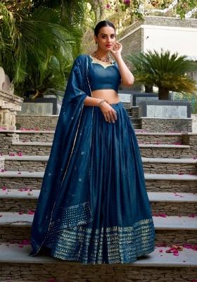 Blue Zari Work Chanderi Lehenga Set