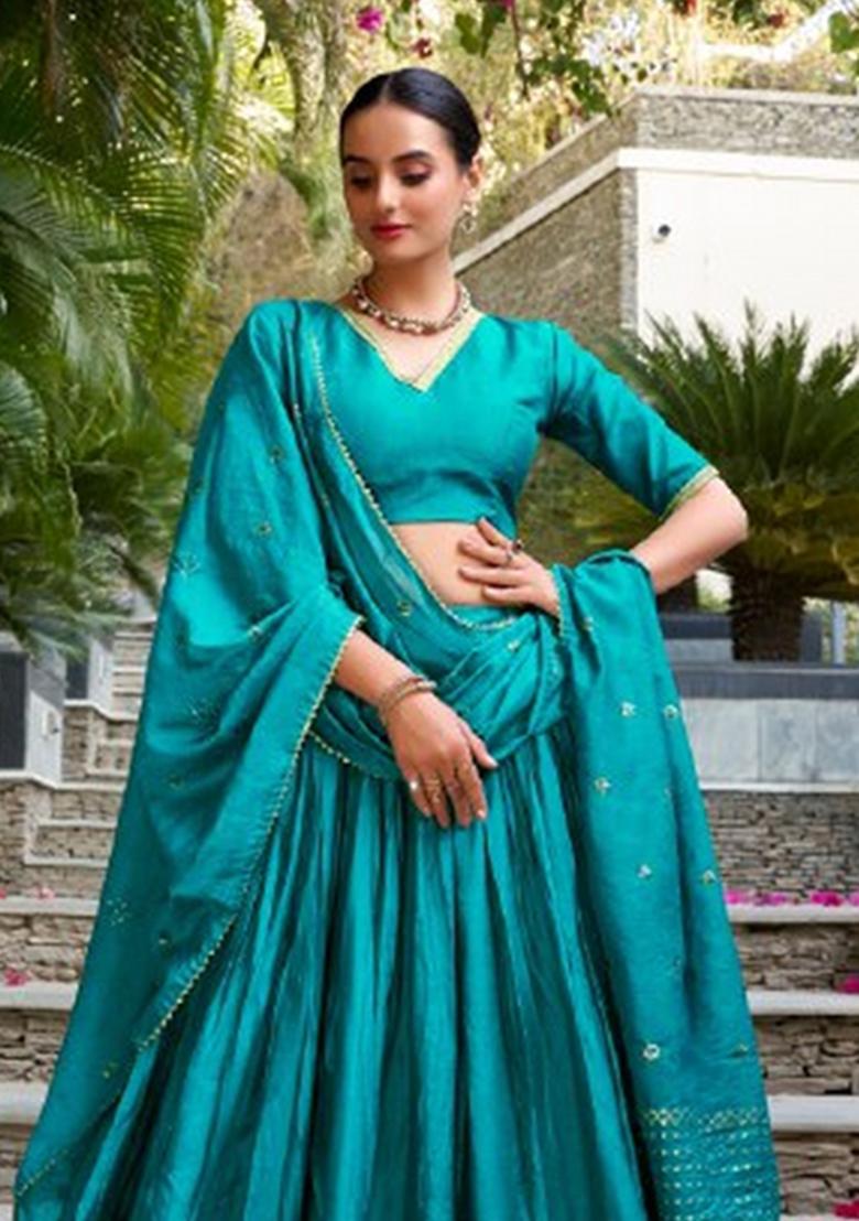 Blue Zari Work Chanderi Lehenga Set - Indya
