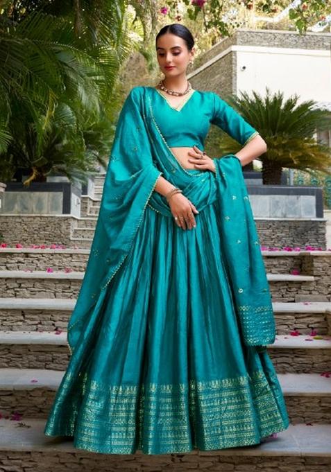 Blue Zari Work Chanderi Lehenga Set