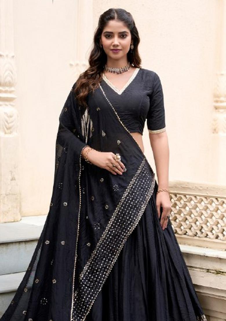 Black Zari Work Chanderi Lehenga Set - Indya