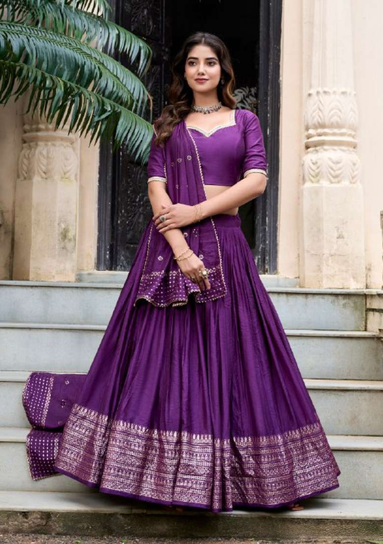 Purple Zari Work Chanderi Lehenga Set for Diwali and Festive Wear - Indya
