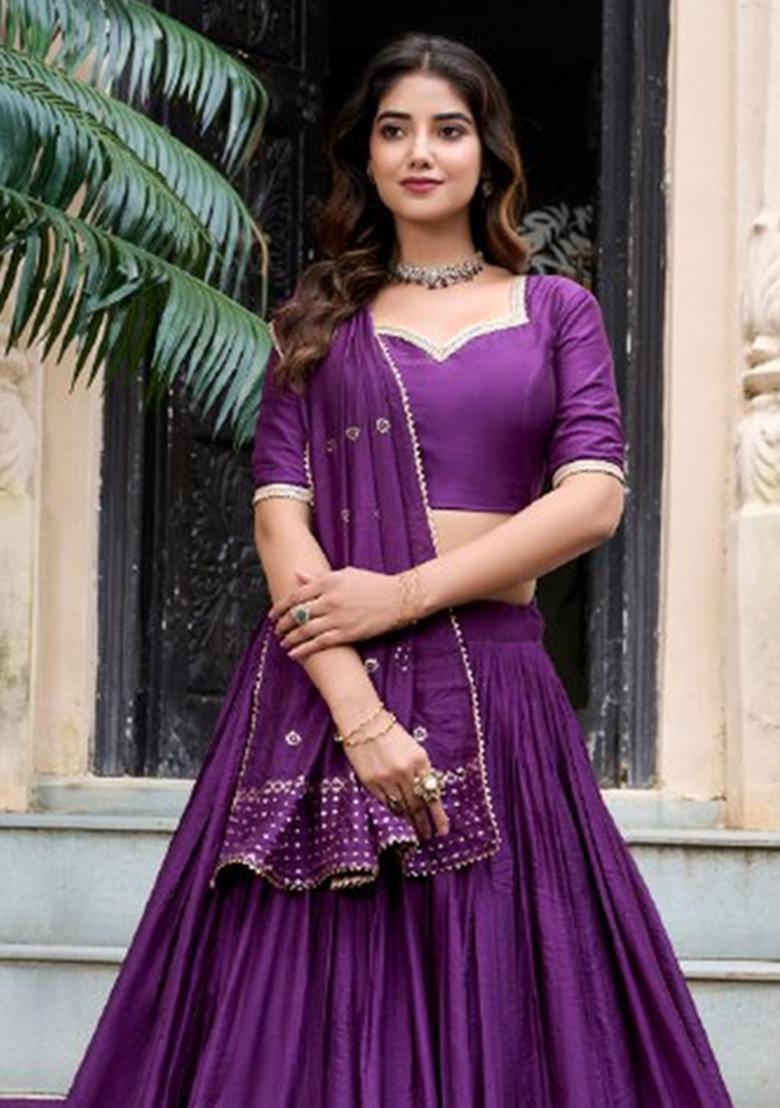 Purple Zari Work Chanderi Lehenga Set - Indya
