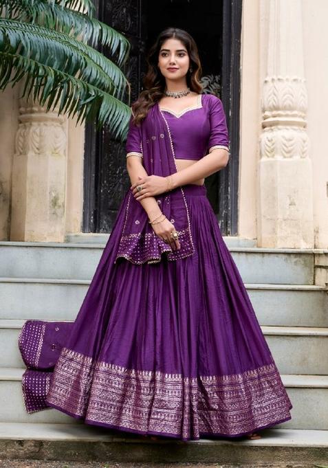 Purple Zari Work Chanderi Lehenga Set