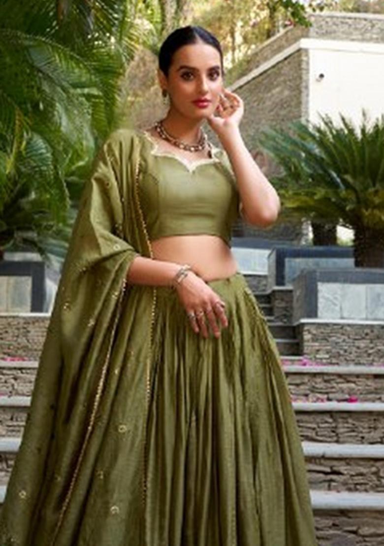 Mehendi Zari Work Chanderi Lehenga Set - Indya
