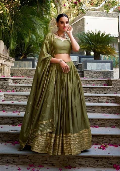 Mehendi Zari Work Chanderi Lehenga Set
