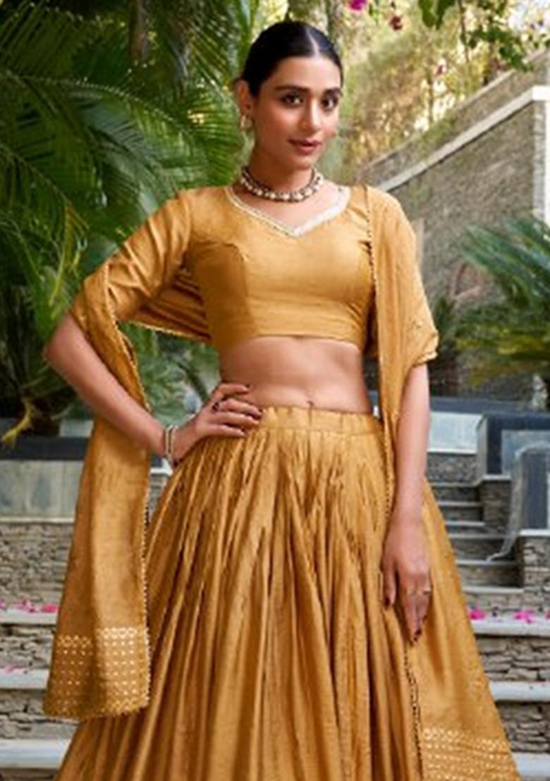 Mustard Zari Work Chanderi Lehenga Set - Indya