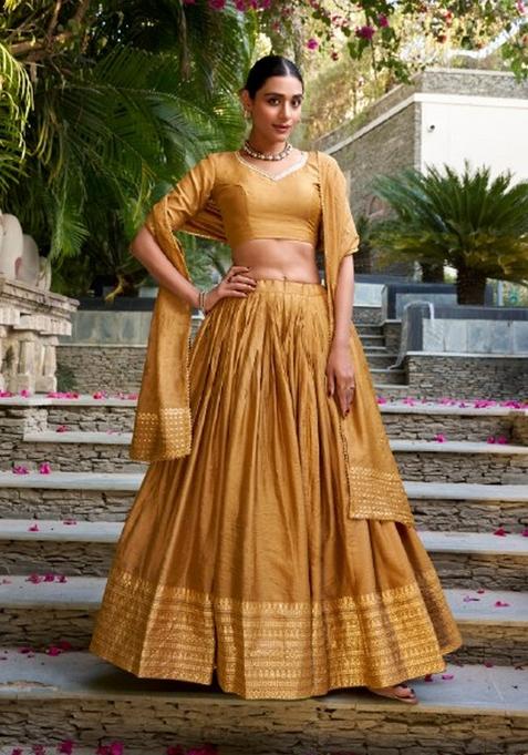 Mustard Zari Work Chanderi Lehenga Set