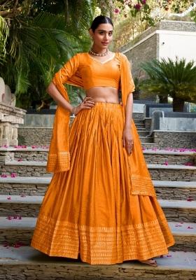Orange Zari Work Chanderi Lehenga Set