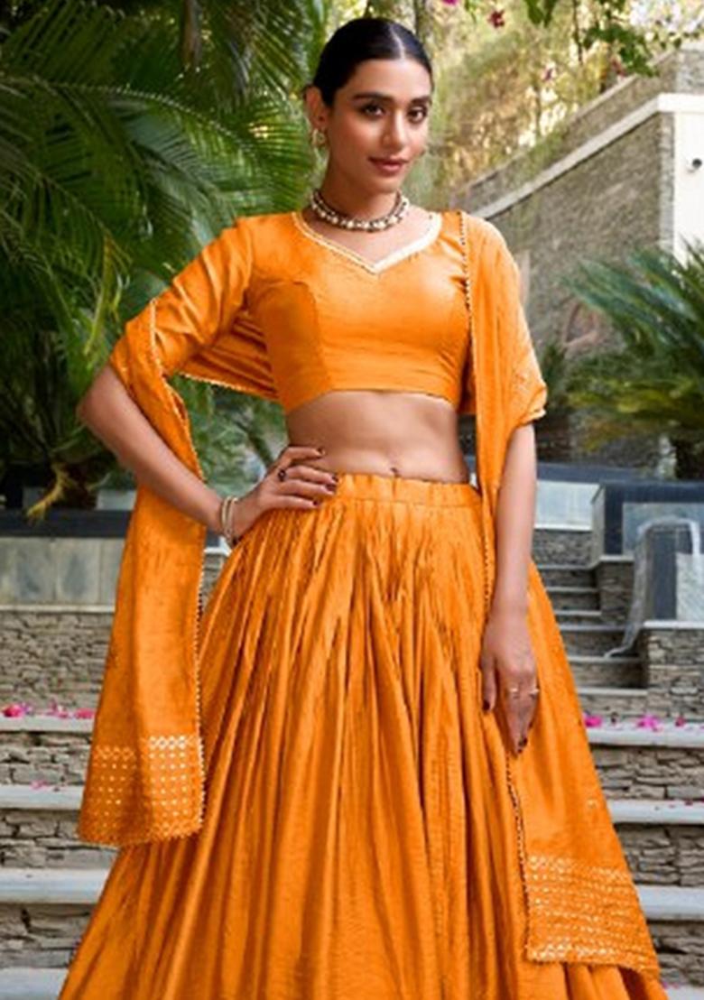 Orange Zari Work Chanderi Lehenga Set - Indya