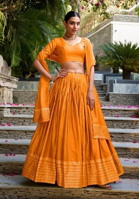 Orange Zari Work Chanderi Lehenga Set