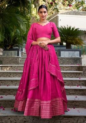 Pink Zari Work Chanderi Lehenga Set