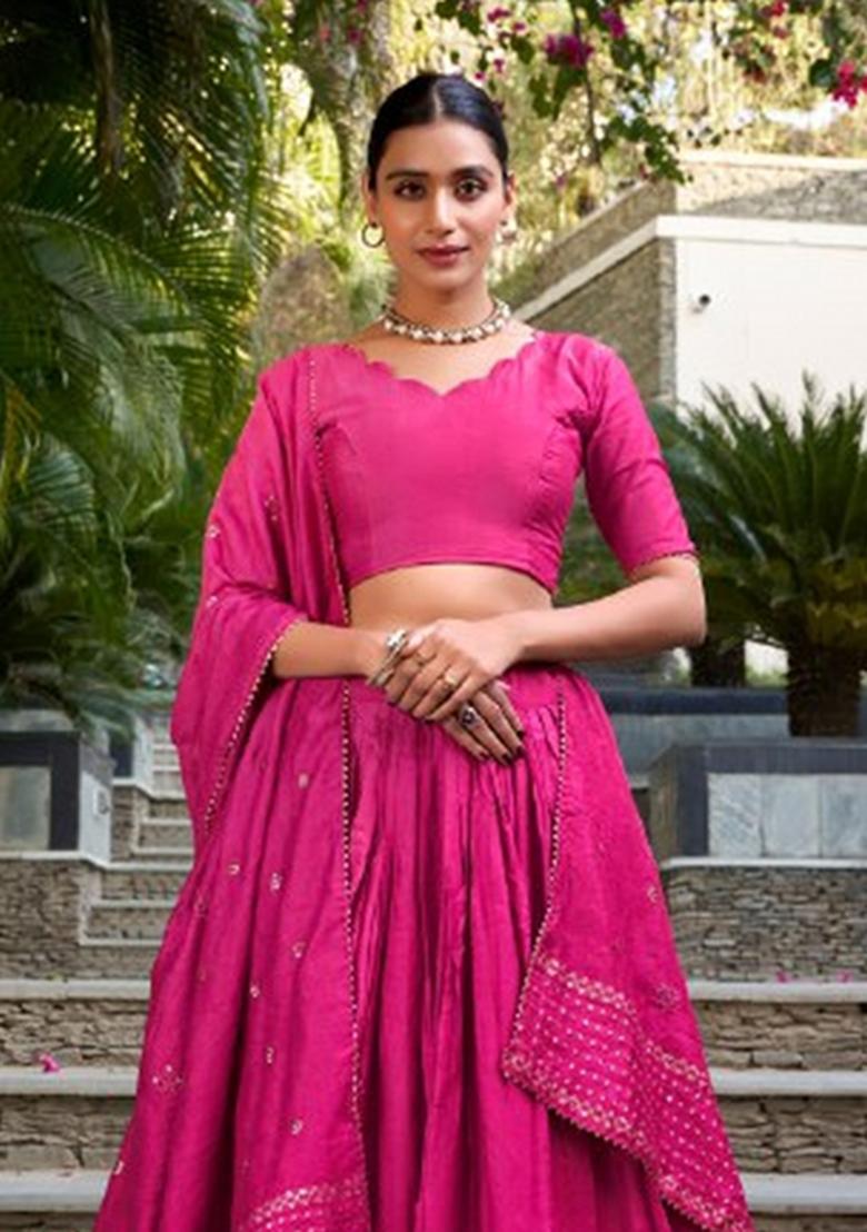 Pink Zari Work Chanderi Lehenga Set - Indya
