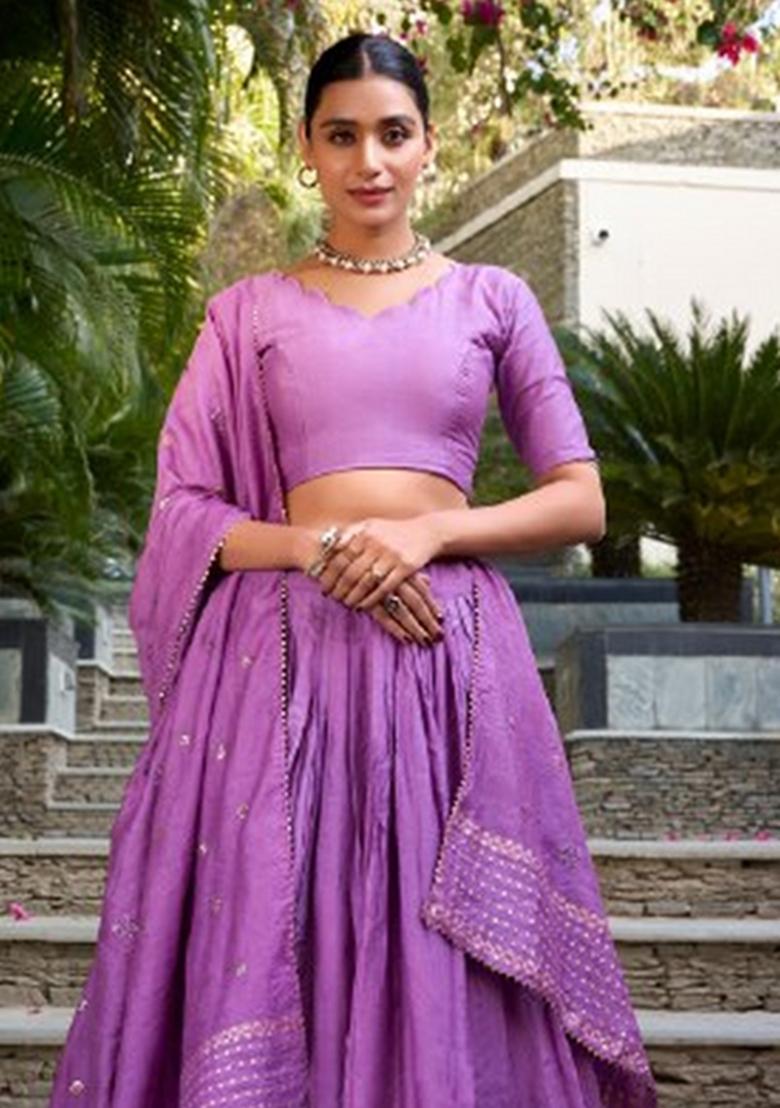 Purple Zari Work Chanderi Lehenga Set - Indya